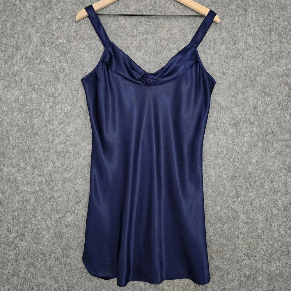 Vtg California Dynasty Nightgown Womens M Navy Satin Rose Chemise‎ Slip Dress